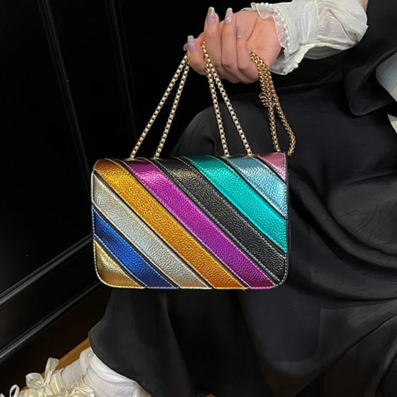 

Новая красочная полосатая квадратная сумка, популярный европейско-американский клатч, изысканная высококачественная сумка через плечо, модная сумка через плечо с цепочкой
