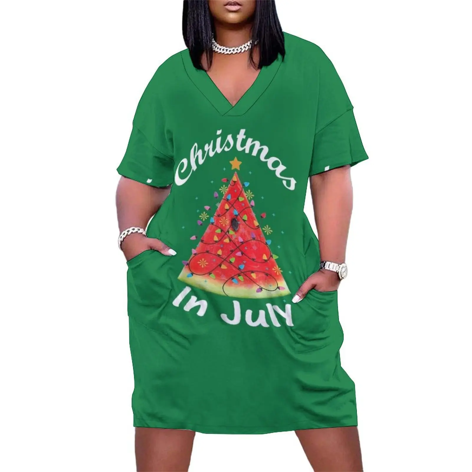 Christmas In July T-Shirt Melon Christmas Tree Summer Shirt T-Shirt Loose Pocket Dress party dresses woman clothes for woman