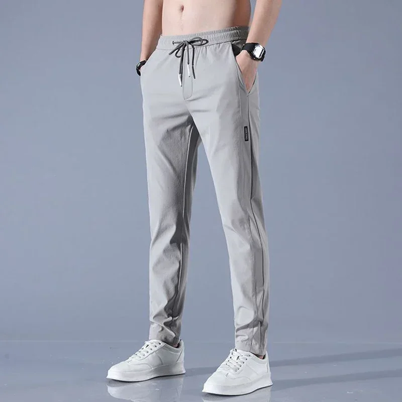 

Ice Silk Men's Pants 2025 Summer New Black Gray Thin Business Casual Pants Outdoor Elastic Breathable Straight Leg Sweatpants