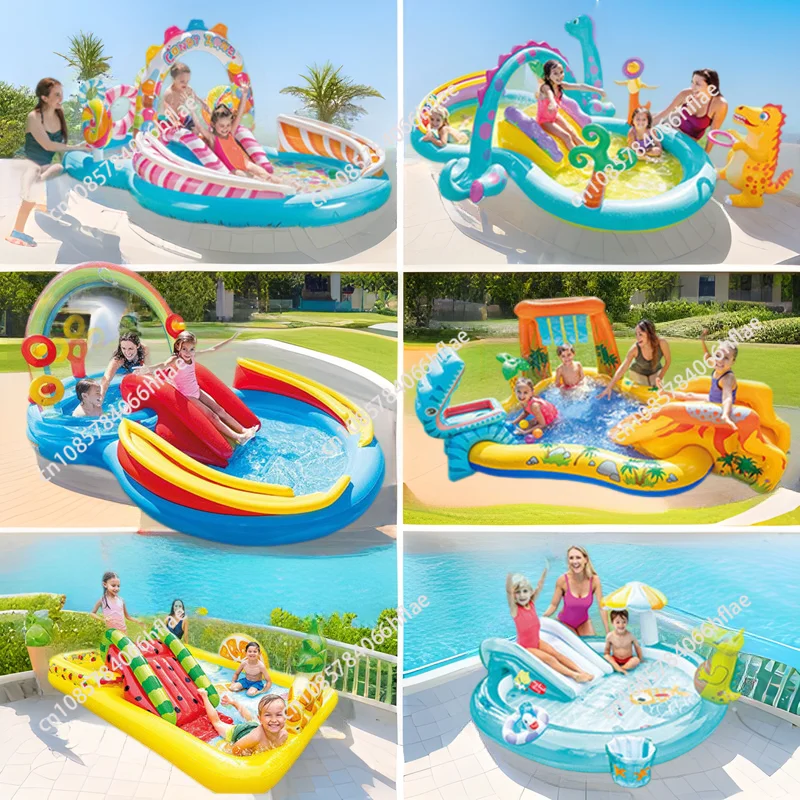 Inflatable Rainbow Play Pool With Slide Family Fountain Pool Kids Inflatable Ocean Ball Pool For Outdoor Backyard