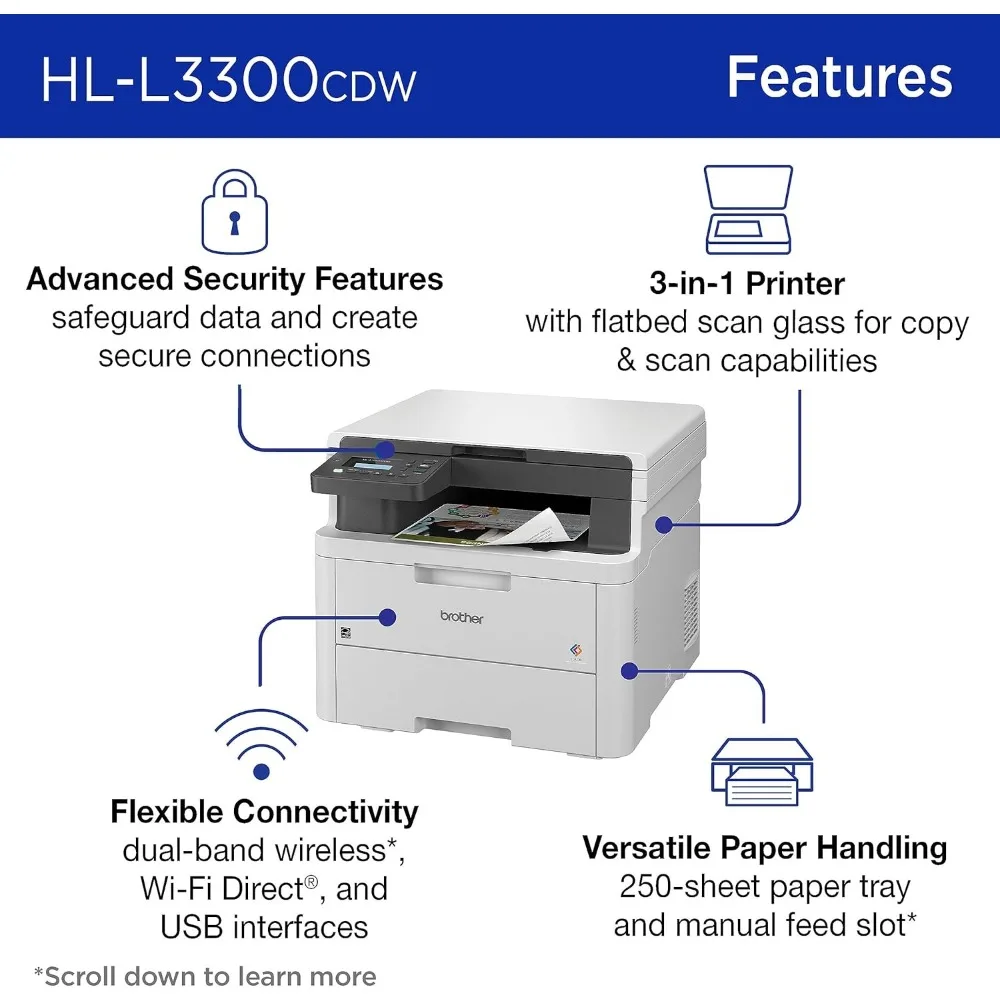 HL-L3300CDW Wireless Digital Color Multi-Function Printer with Laser Quality Output, Copy & Scan, Duplex, Mobile | Includes