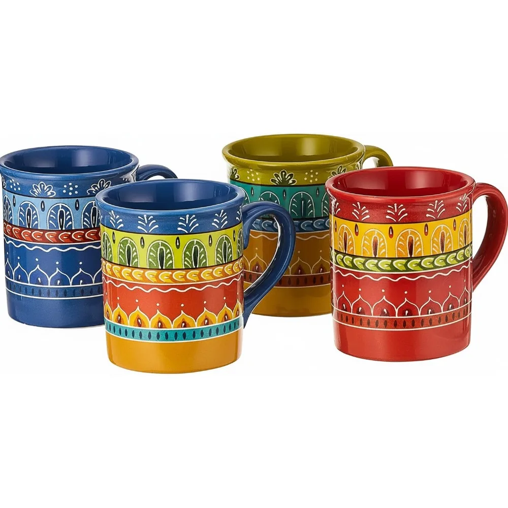 

4-Pack 16oz Colorful Ceramic Coffee Mugs, Boho Style Microwave & Dishwasher Safe Cups for Tea Hot Drinks