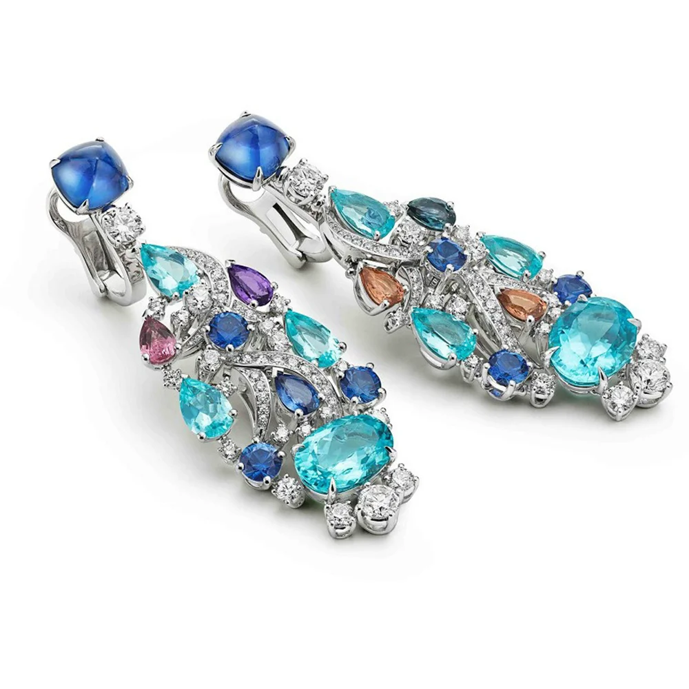 KQDANCE Vintage Duże Kolczyki Wiszące Koktajlowe z Srebra Próby 925 z Syntetycznym Szafirem Paraiba 7,2 CT i Diamentami Wysokowęglowymi, Elegancka Biżuteria Nowa