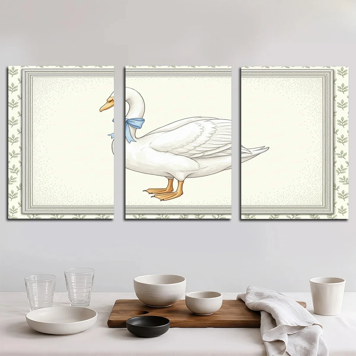 Frameless 3PCS 2D Decorative Painting - Canvas Painting - A White Duck With A Blue Bow In A Three Panel Frame With Green Leaf