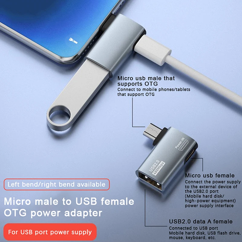 OTG adaptor kabel 4K, kabel adaptor USB mikro ke USB OTG kekuatan sudut kiri 90 derajat untuk TV Tablet api TV 4K
