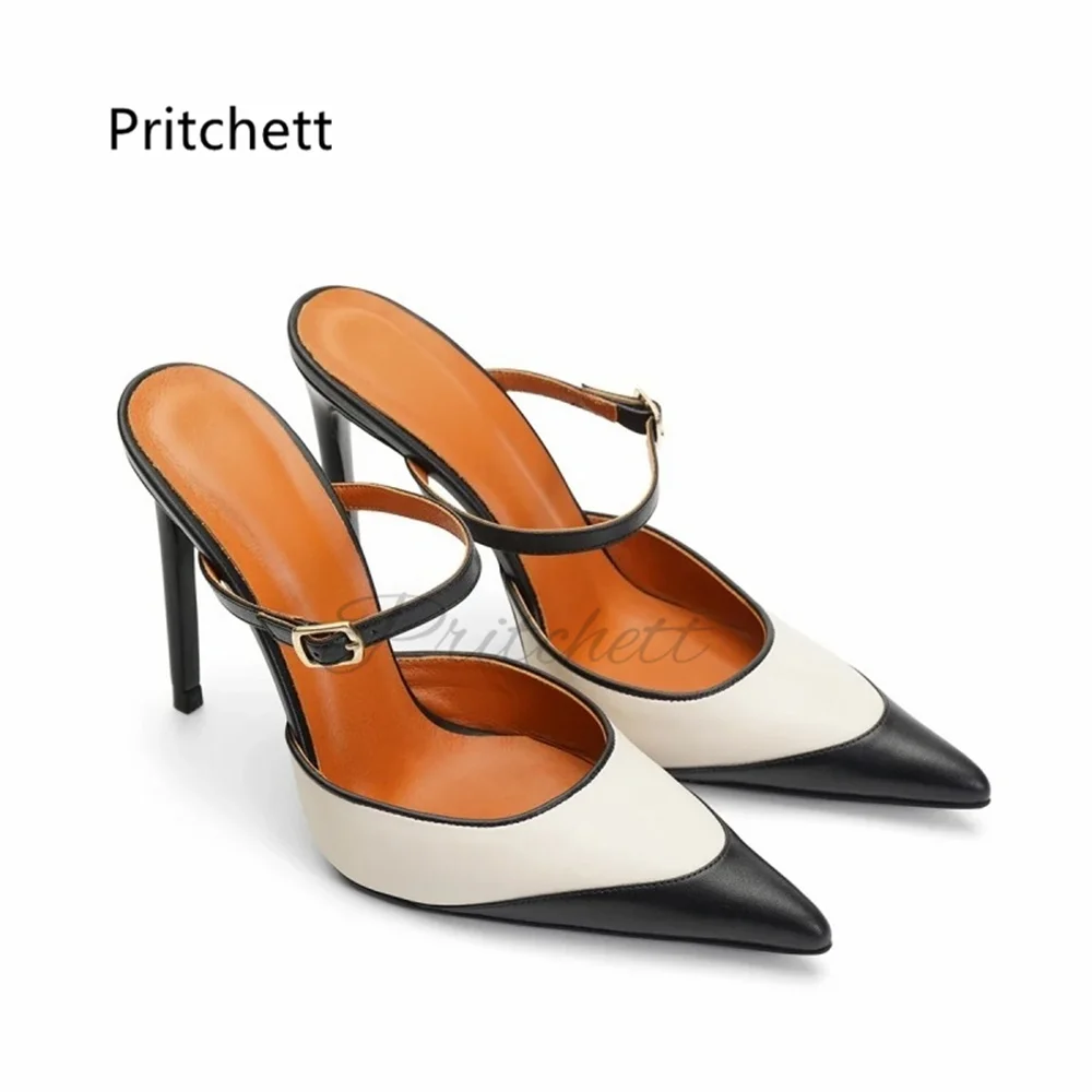 Two Tone Splicing Slippers for Women Pointed Toe Backless Ankle Buckle Strap High Heels Office Party Shoes Summer Sandals