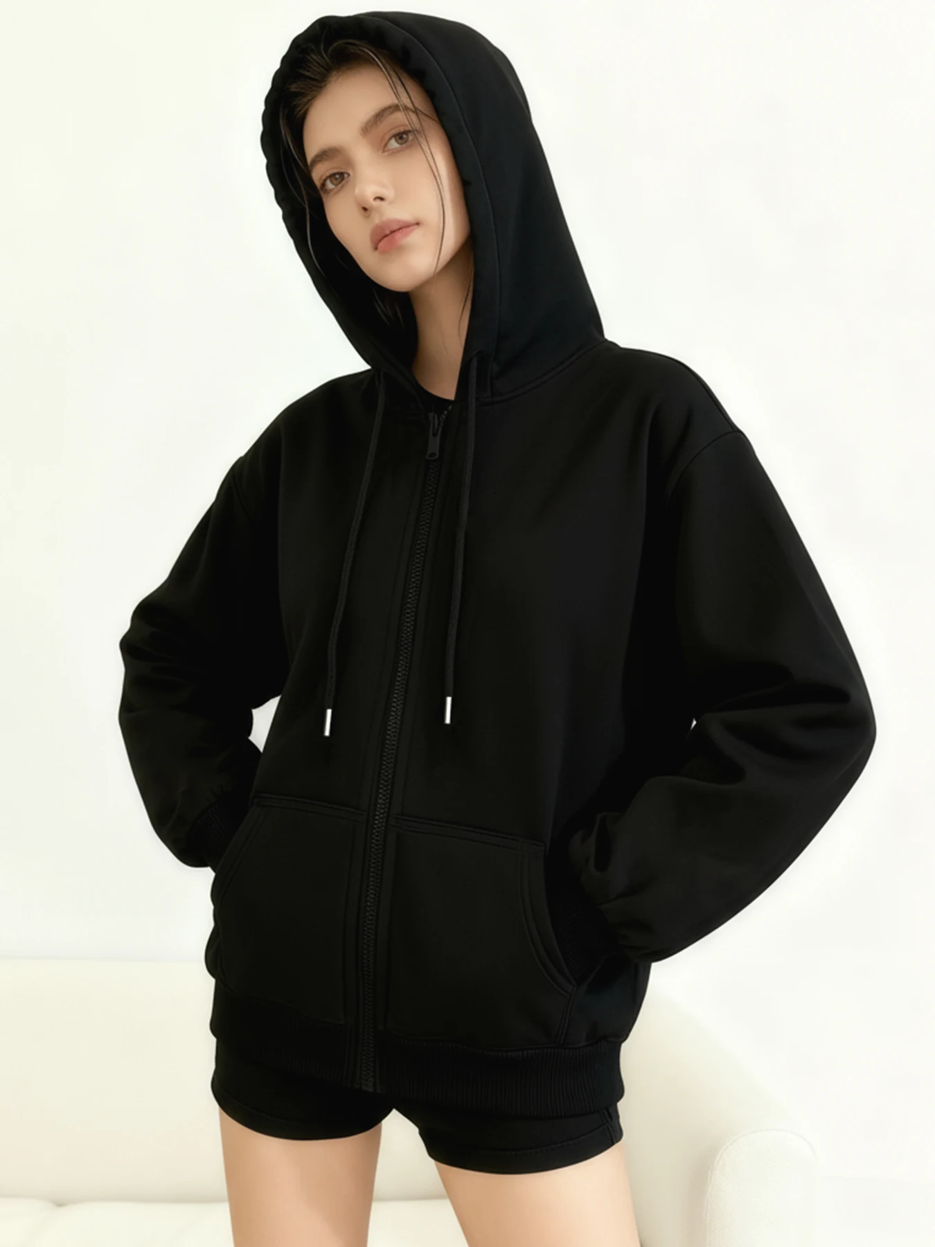 Winter Y2k gotische print dik zwaar fluweel zwart capuchon ritsjack slank temperament damesjas casual luie woon-werkstijl