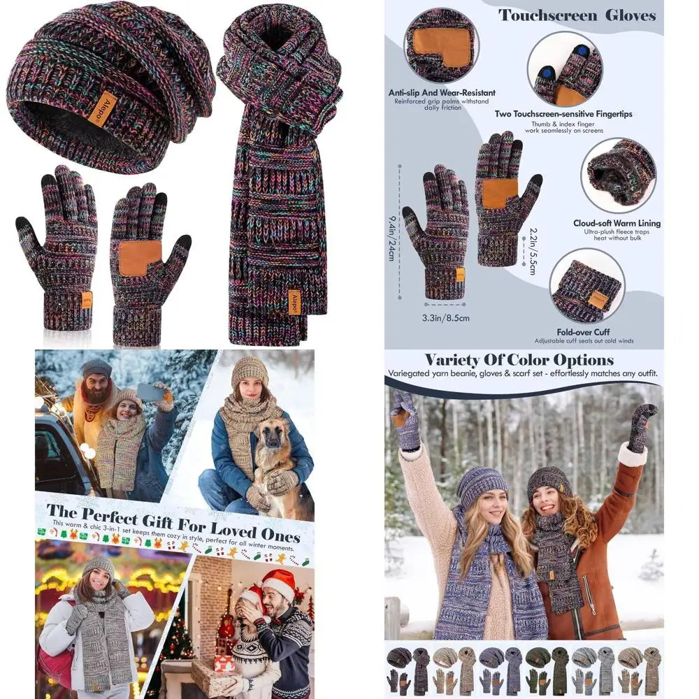 مجموعة إكسسوارات الشتاء المريحة 3 في 1 للسيدات: قبعة مترهلة، وشاح طويل، قفازات تعمل باللمس