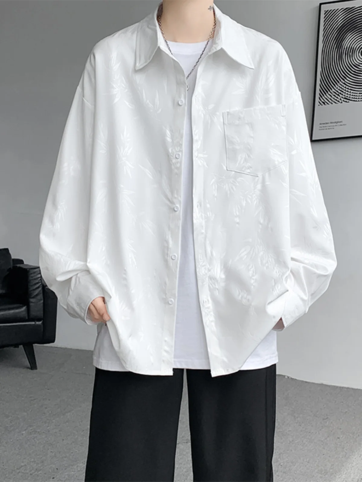 

Neutral Sle Long Sve Bamboo Le Ice Silk irt Мужская свободная драпировка большого размера с модным воротником arp Autumn Faion