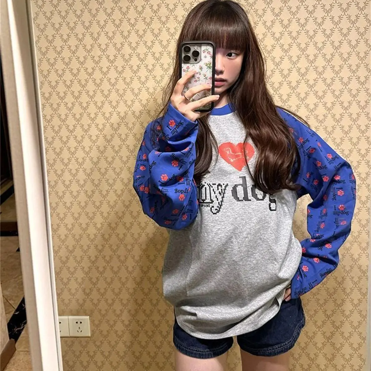 Retro coração cão cor blo longo sve camiseta masculina solta casual topo faionable preguiçoso sle outono coleção de fibra de poliéster topos