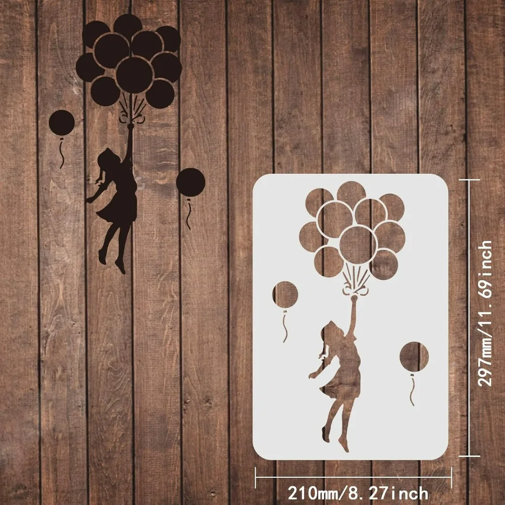 Balloon Stencils Template 11.7x8.3 inch Plastic Balloon Drawing Painting Stencils Balloon Girl Pattern Stencils Reusable Stencil