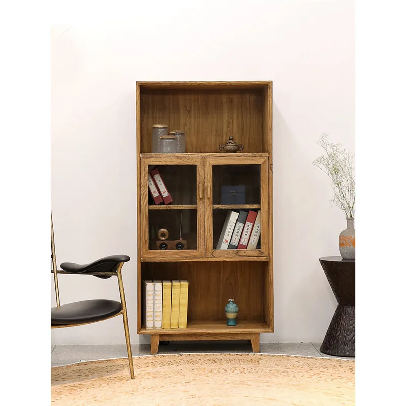 Old Elm Wabi Wind Display Cabinet with Light Glass Cabinet Solid Wood Bookshelf Display Cabinet Display Shelf Bookcase