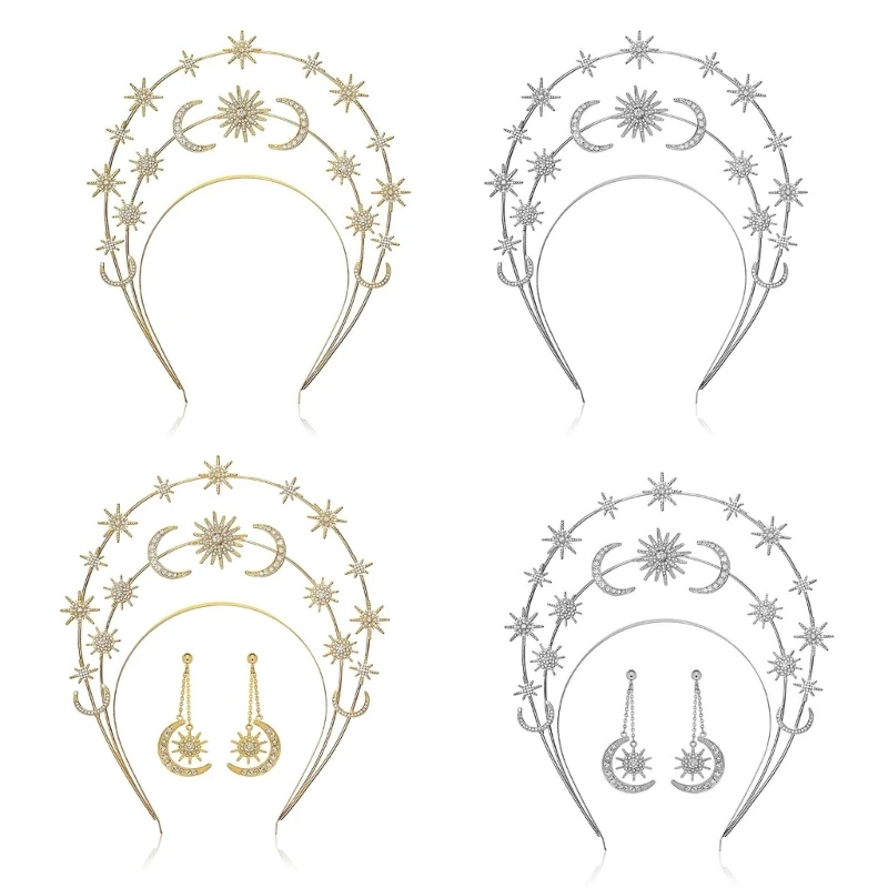 

Sun Headband for Women Vintage VirginMary Star Hairband/Earrings Party Props Bridal Wedding Headpieces 57BD