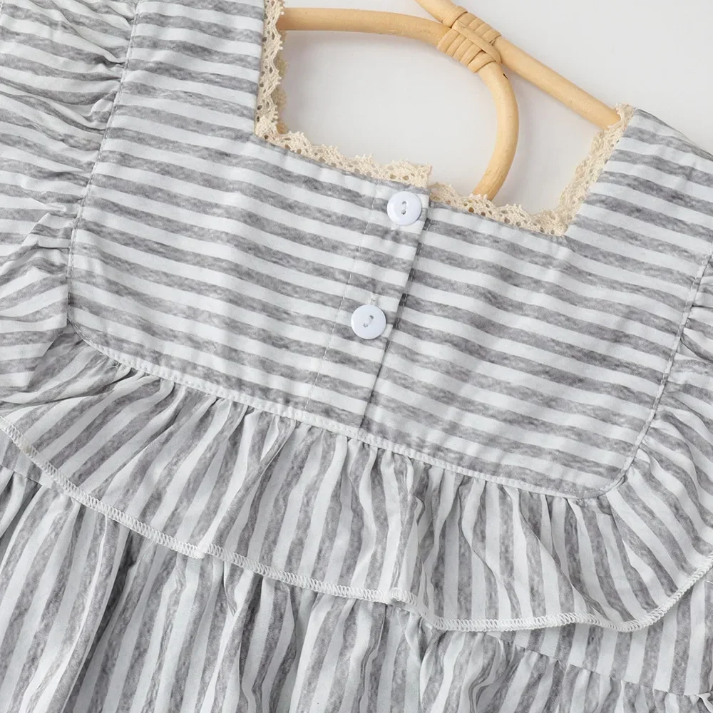 Kids Lace Casual Dresses Summer Grey Striped Girls Dress Square Neckline Sleeveless Daily Wear Clothing Kids Clothes