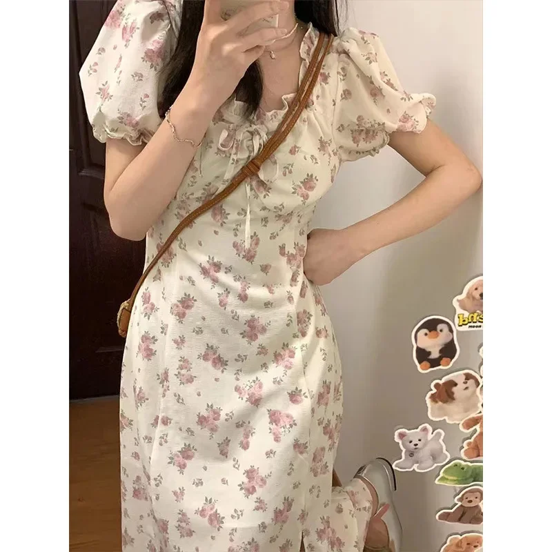 فساتين نسائية قصيرة الأكمام برباط منقوش عليه زهور ومزاج جميل للسيدات Y2k فستان كوري عتيق عالي الخصر من Vestidos 원ipiС