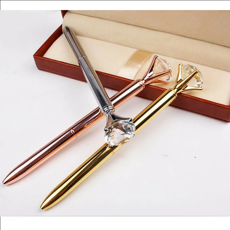 Metal case ballpoint pen Carat diamond ring Crystal pen lady wedding office school supplies gift roller ball pen Rose gold