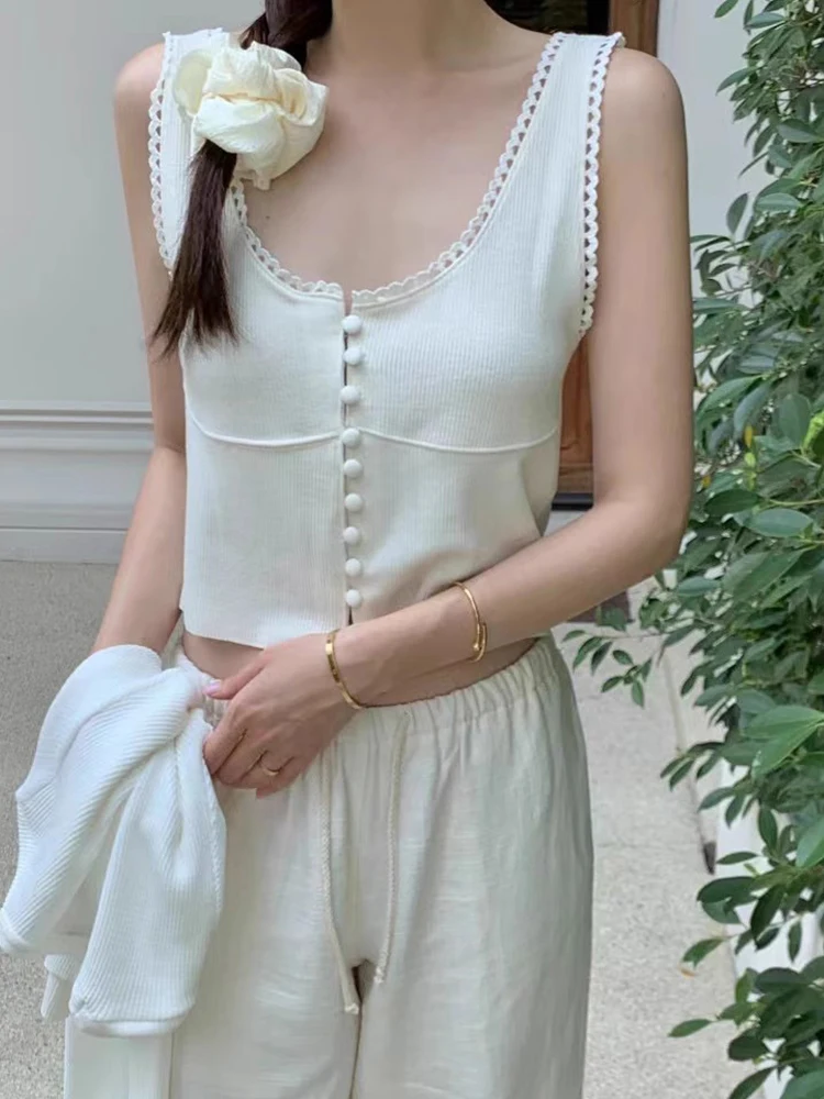 

Шикарная летняя милая кружевная отделка U-Ne, универсальный утягивающий вязаный жилет на маленьких пуговицах, топ с ремешком, женский свободный топ Faion для поездок на работу...