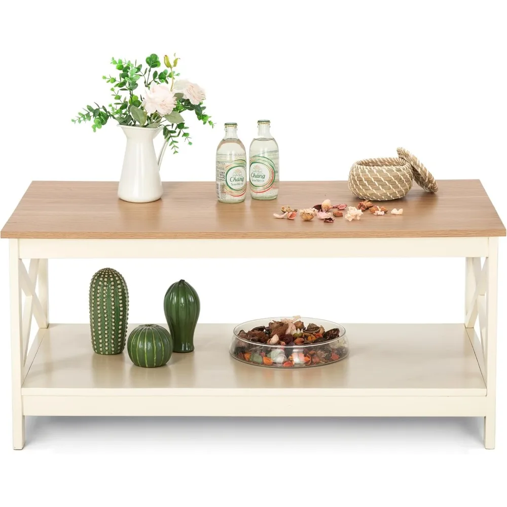 Coffee Table with Storage, Farmhouse Coffee Tables for Living Room 2-Tier Modern Coffee Table, Ivory