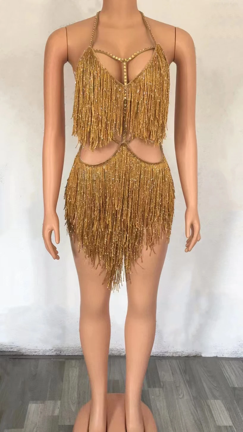 Sexy Stage Gold Fringes Costume Outfit TasselDress Evening Birthday Party Dance WearNightclub Singer Performance Dress A112