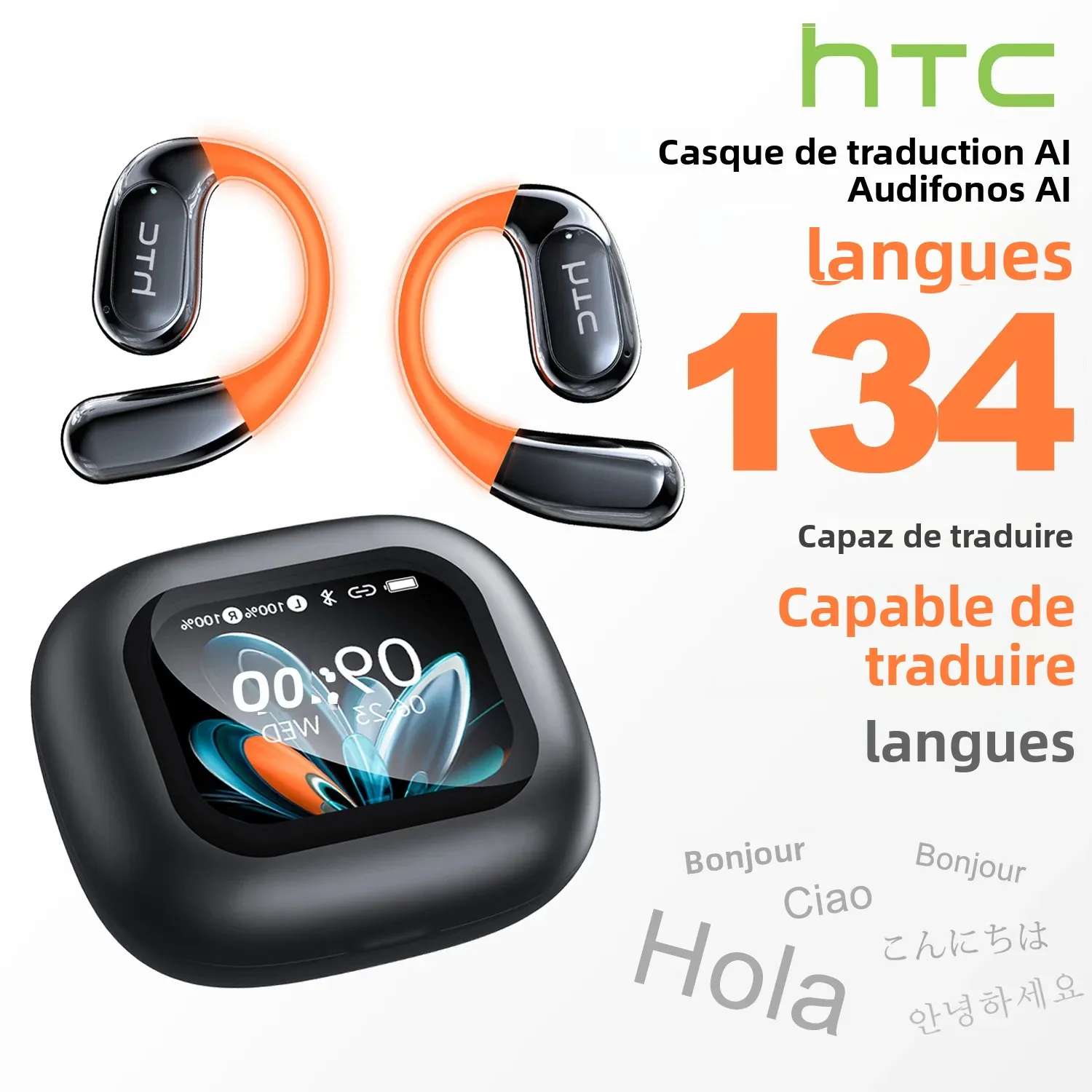 HTC NE27 casque sans fil AI traducteur écouteurs OWS sport Bluetooth écouteurs brillant oreillette personnalisable papier peint écran