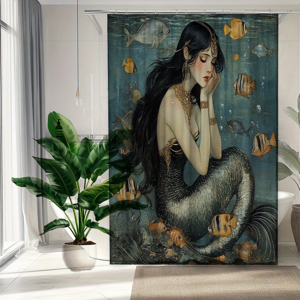 

1pc Mermaid Theme Shower Curtain Animal Ocean Scenery Bathroom Decoration Polyester Fabric Contains 12 Hooks
