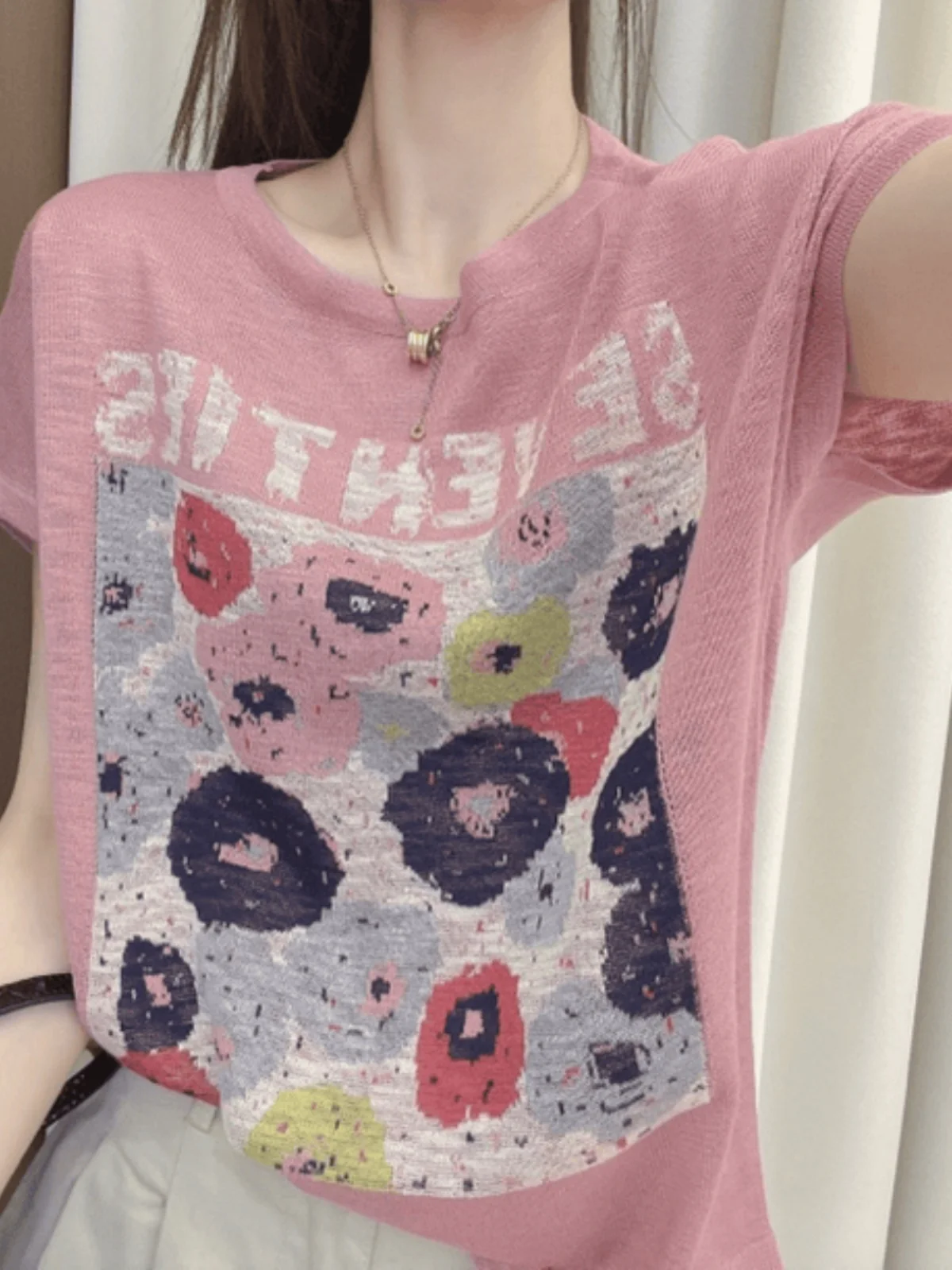 تي شيرت فضفاض من الحرير الجليدي ort Sve تي شيرت مستدير Ne مطبوع للنساء مضاد للشيخوخة علوي irt عصري كوري Sle للتنقل #2