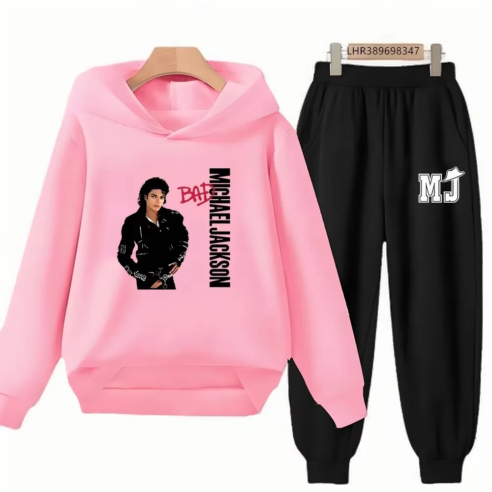 Michael Jackson Print Kinder-Hoodie+Hosen-Set Schwarz 3-12 Jahre Mädchen Rosa Sweatshirt-Sets Jungen Hosenanzüge Herbstkleidung – Detail 4