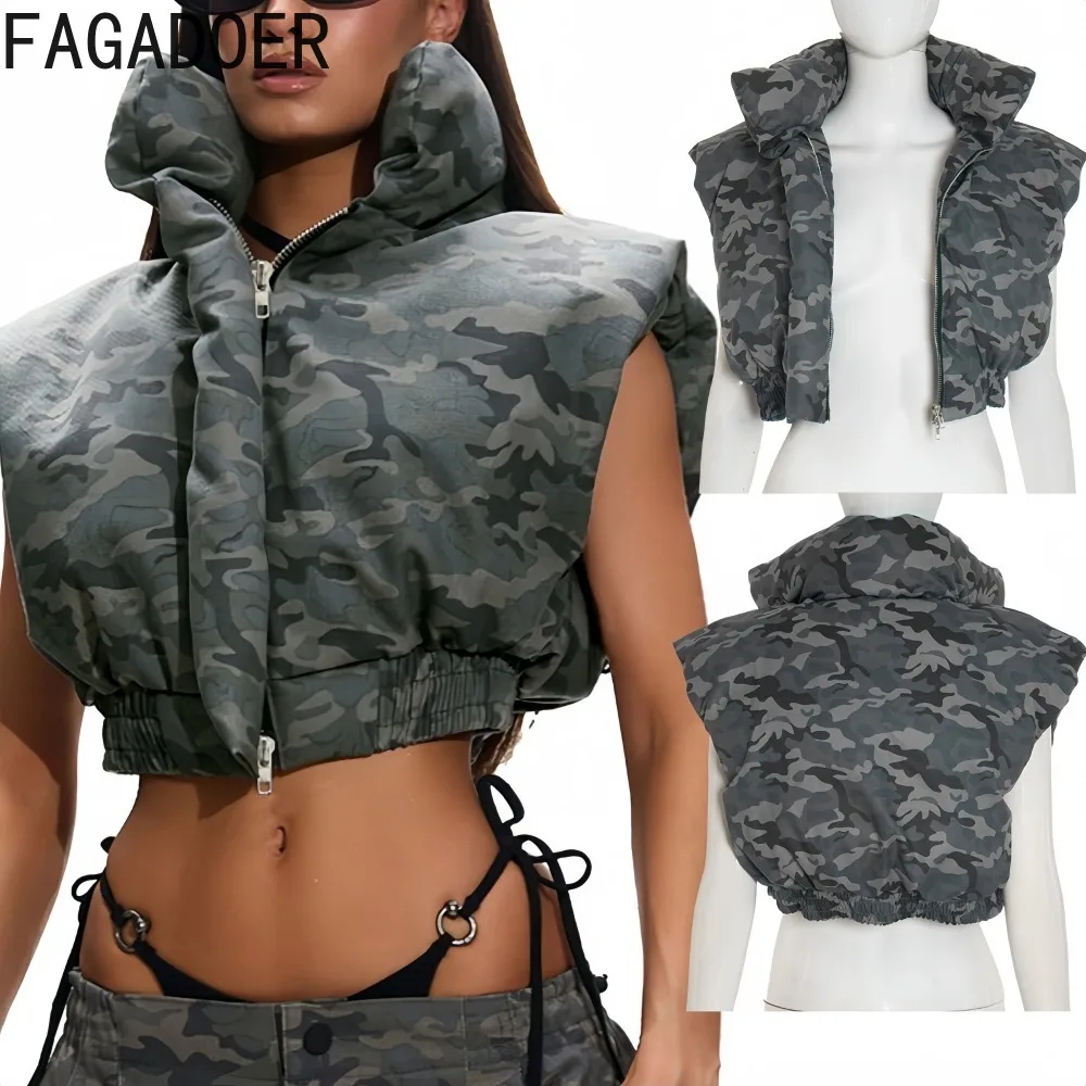 

FAGADOER осень-зима новая мода камуфляжное пальто с принтом жилет женская укороченная куртка без рукавов на молнии женская уличная одежда