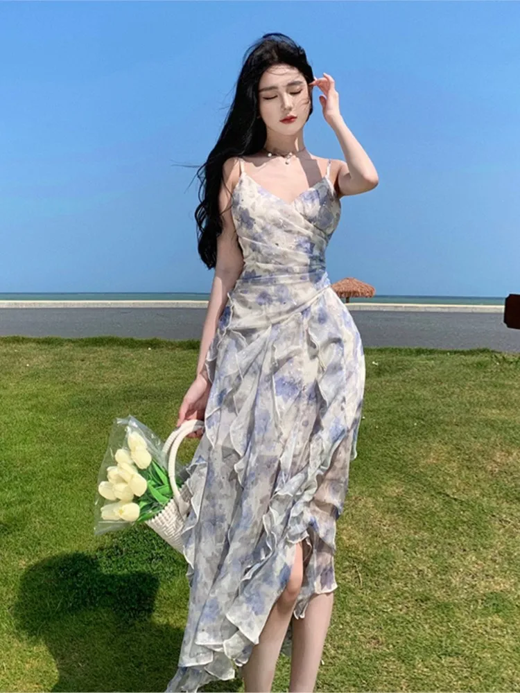 Summer Women Blue Elegant V-Neck Dresses 2024 New Fashion Floral Print Pleated Design Long Mid-Calf Holiday Female Slip Dress