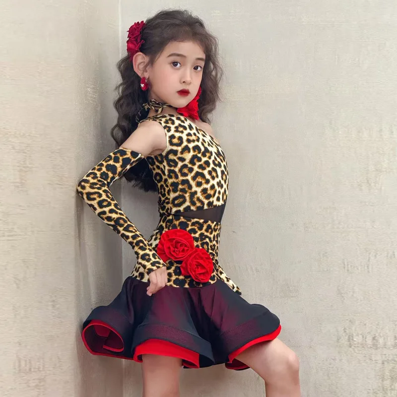 فستان رقص لاتيني مخصص للأطفال بطبعة الفهد ملابس ممارسة شبكية ملابس أداء للفتيات فستان قاعة الرقص بدلة قياسية