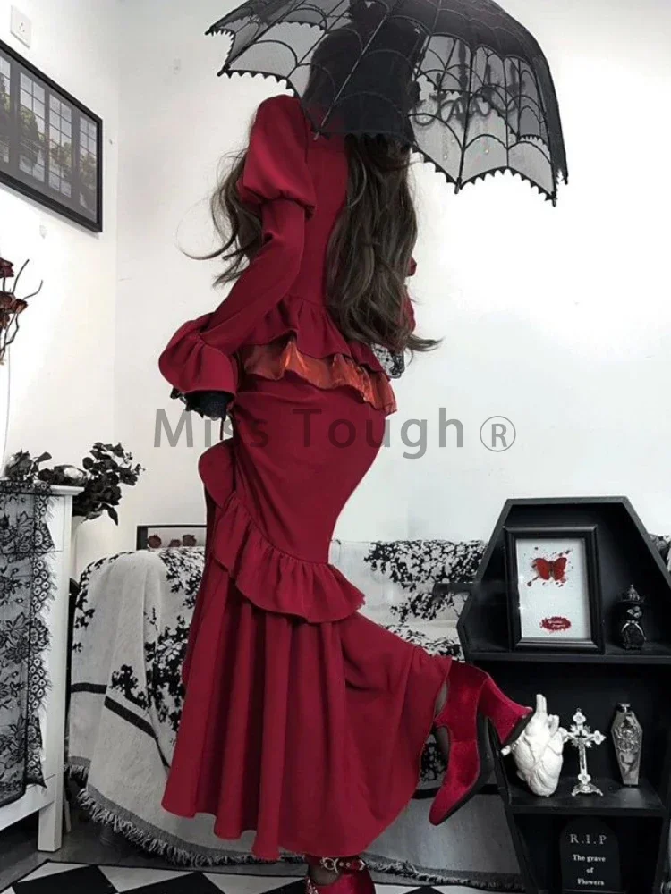 Autumn Red Vintage Dress Women Lace French Retro Elegant Evening Party Dress Female Long Sleeve Chic Midi Dress Halloween 2024