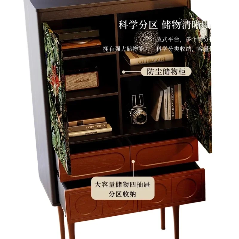 

French retro living room against the wall solid wood high bucket cabinet, American medieval ash wood storage cabinet