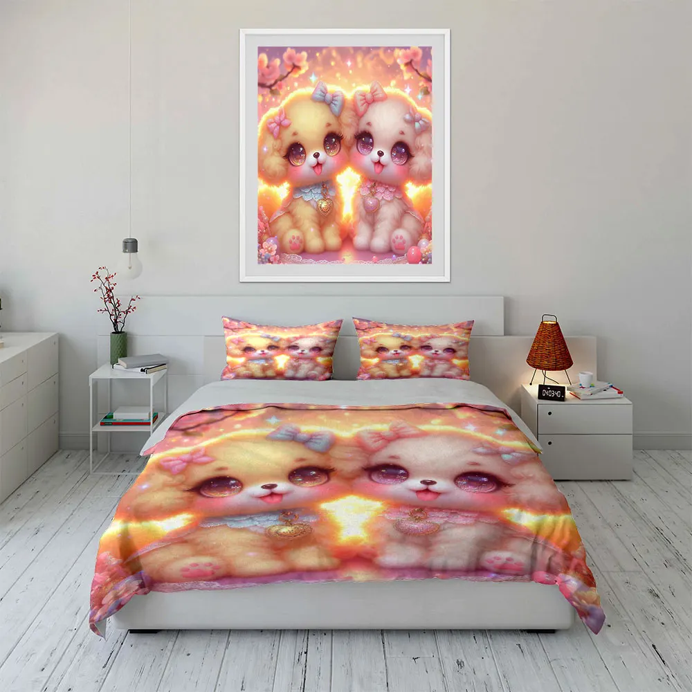 Two curly-haired puppies wearing bows Duvet Cover Set with 3D Printing Design Soft Polyester Bedding Set All-Season Comfort