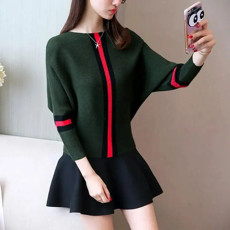 Autumn New Knitting Loose All-match Sweaters Long Sleeve O-neck Contrast Plus Size Pullovers Fashion Elegant Women Clothing