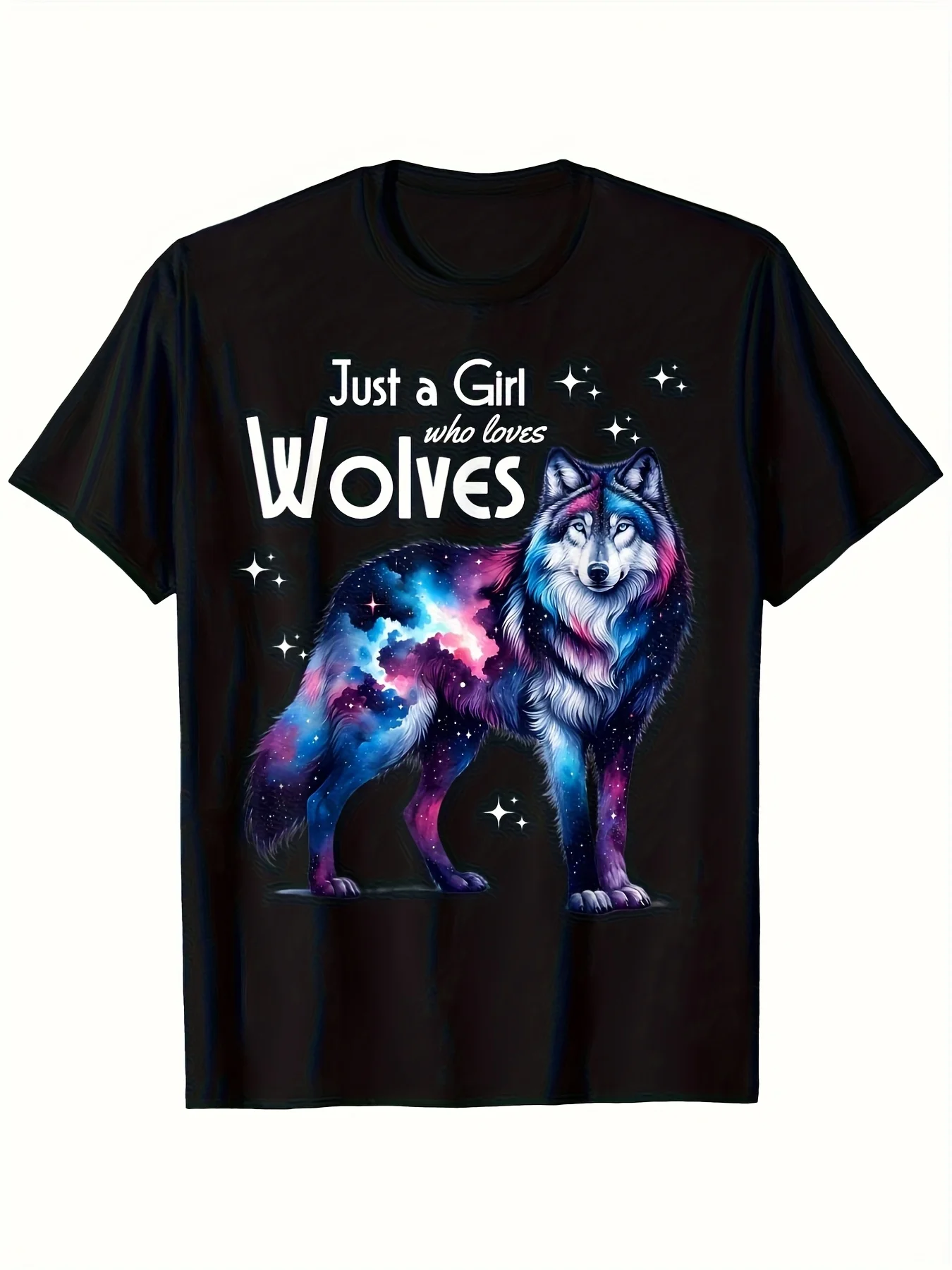 Just a Who Loves Wolves Graphic T-Shirt - 100% Relaxed Fit Unisex Tee with Galaxy Wolf Print, Black Casual Shirt for Women & Men (S-XXXL), Allseason Apparel, Cosmic Design