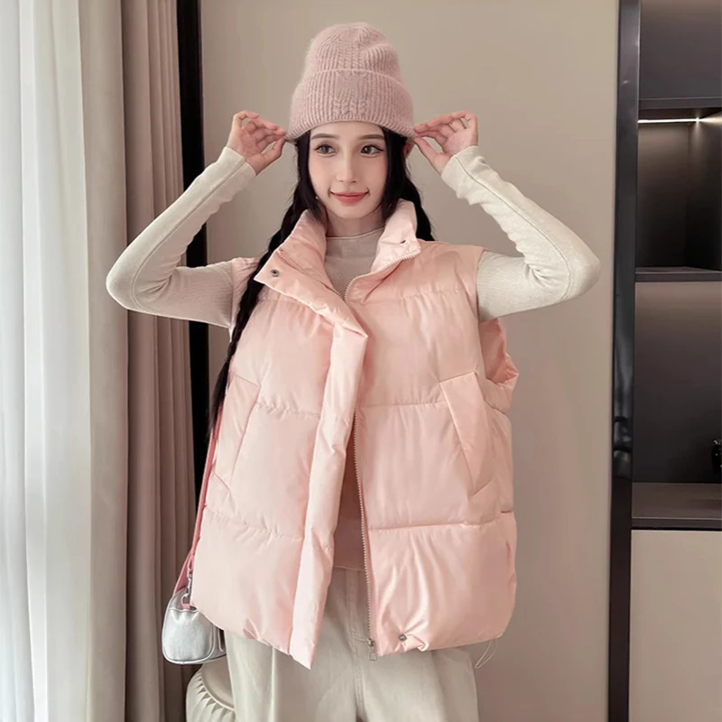 

Winter Loose Warm Sleeveless Jacket Women Korean Simple Versatile Cotton Vest 2025 Fashion Stand Collar Cropped Zip Up Waistcoat