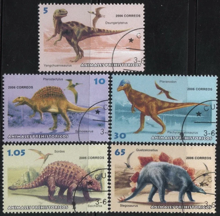 5Pcs/Set Caribbean Post Stamps 2006 Prehistoric Dinosaurs  Marked Postage Stamps for Collecting