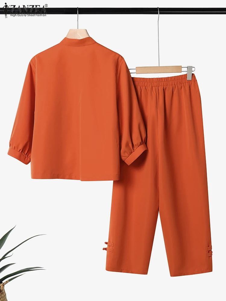 ZANZEA Women Casual Loose Sets Vintage 3/4 Sleeve Shirts Elastic Waist Loose Pants Solid Women Matching Sets 2025 Autumn Suits