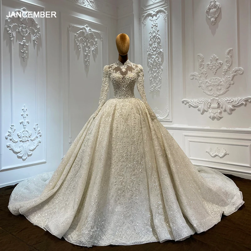 

Jancember Luxury International Romantic Wedding Dress Ball Gown Full Sleeves Chapel Train Beading Backless vestidos novias boda