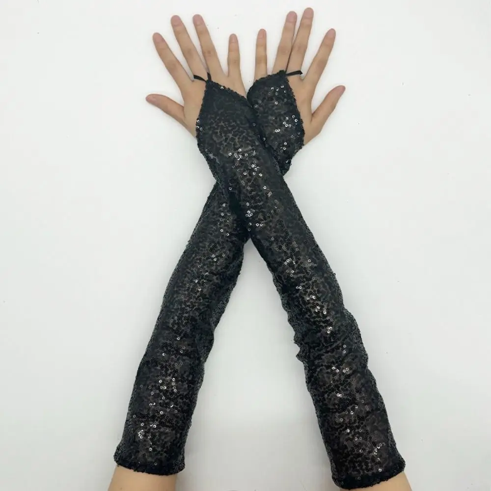 Dance Gloves Fingerless Sequins Gloves Creative Shiny Shinning Mittens 50cm Long Hook Women Cosplay Gloves Dress-Up Accessories