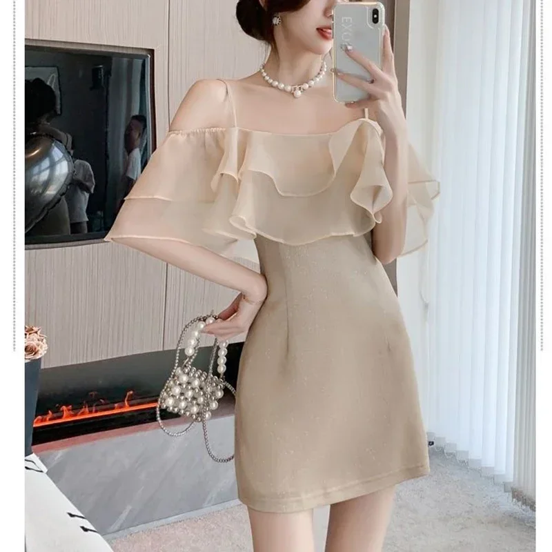 

New Elegant Fashion Off The Shoulder Shiny Bodycon Dress Ladies Ruffles Sexy Slip Evening Party Mesh Robe Vestidos Women CY443