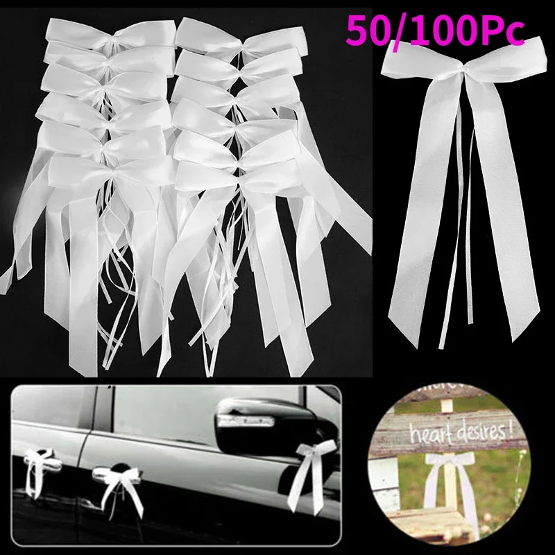 50/100 pz nastro bianco fiocco matrimonio auto regalo avvolgere artigianato festa di compleanno forniture Pew End sedie decorazione fai da te decorazioni per la casa di natale