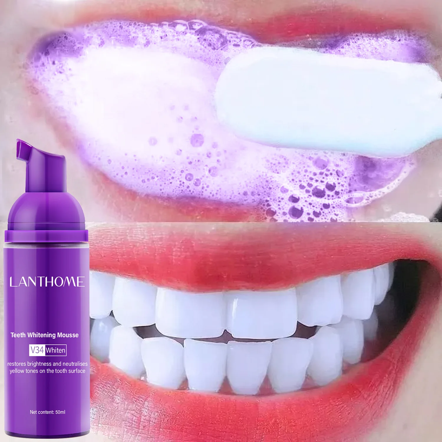 

V34 Purple Brighten Whitening Yellow Teeth Toothpaste Foam Cleaning Effective Removing Tooth Stain Oral Cleaning Product 50ML