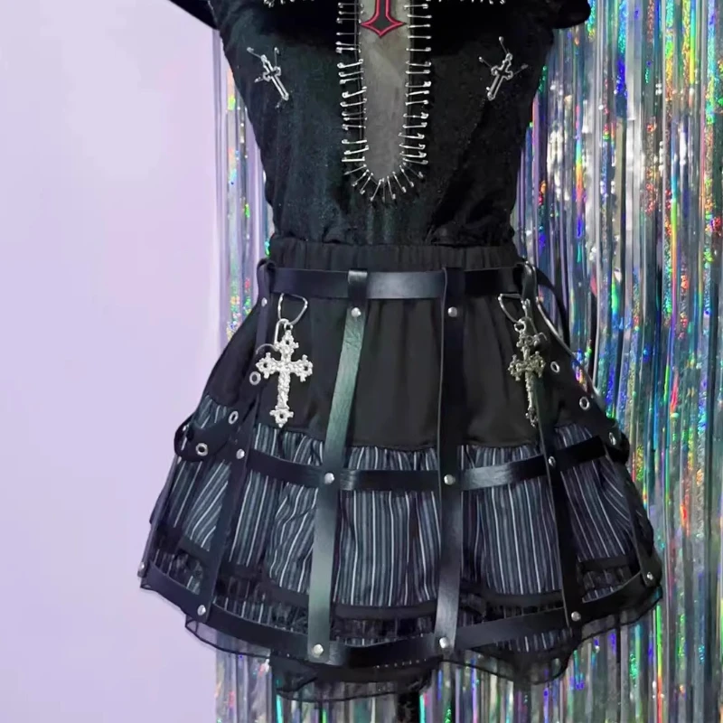 Original Design Y2K Hot Girl PU Leather Women's Skirt 2025 Summer New Black Gray Sweet Cool Puffy Punk Rock Mini Skirts Ladies