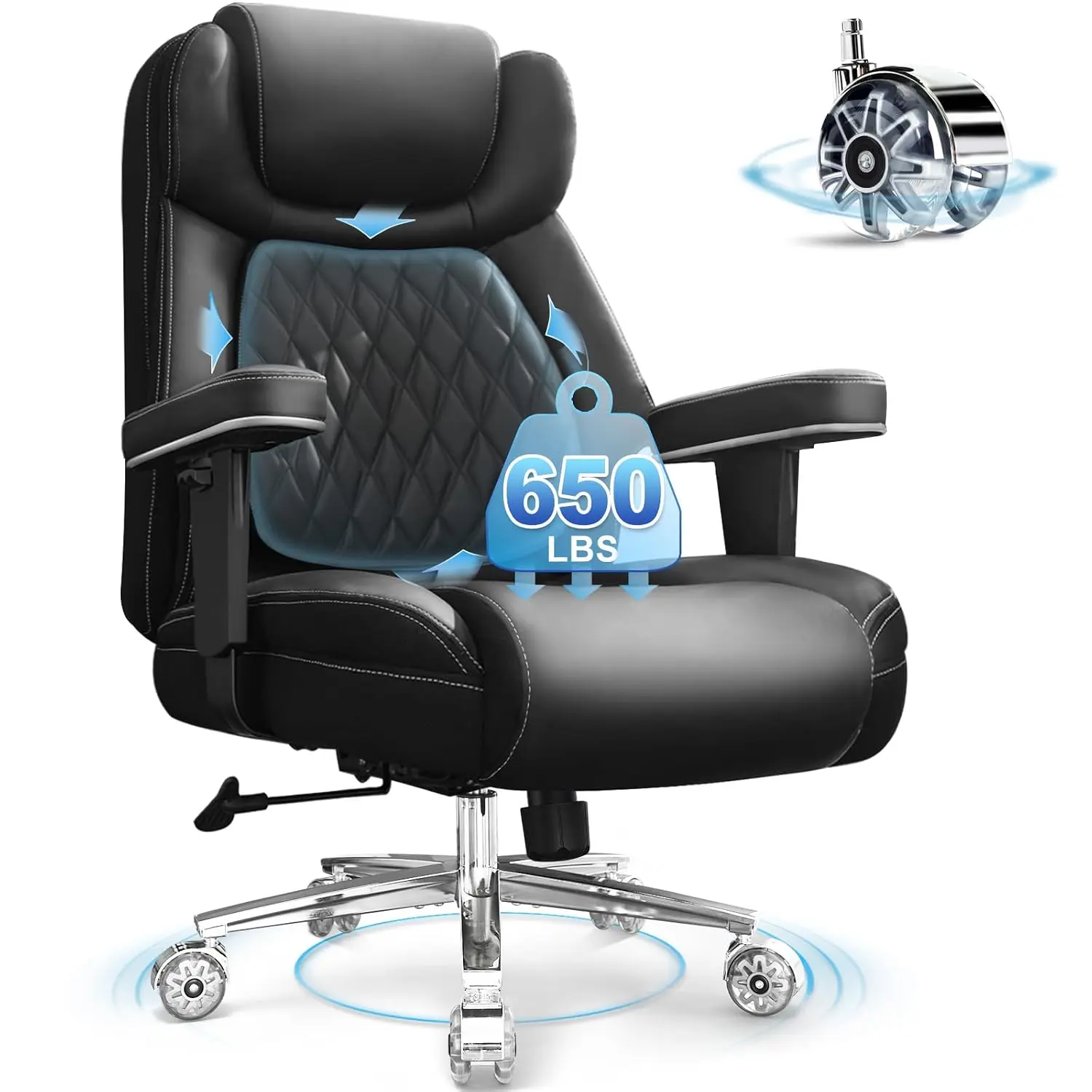 Big and Tall Office Chair 650lbs,Heavy Duty Office Chairs with Dual Rubber Wheels,Extra Wide Desk Chair,Adjustable, Customized