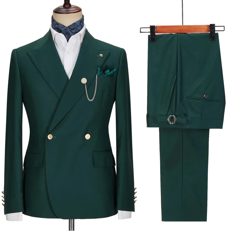 

New Elegant Green Suits For Men 2 Golden Buttons Double Breasted Jacket And Pants For Wedding Party Peak Lapel Halloween