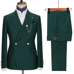 New Elegant Green Suits For Men 2 Golden Buttons Double Breasted Jacket And Pants For Wedding Party Peak Lapel Halloween