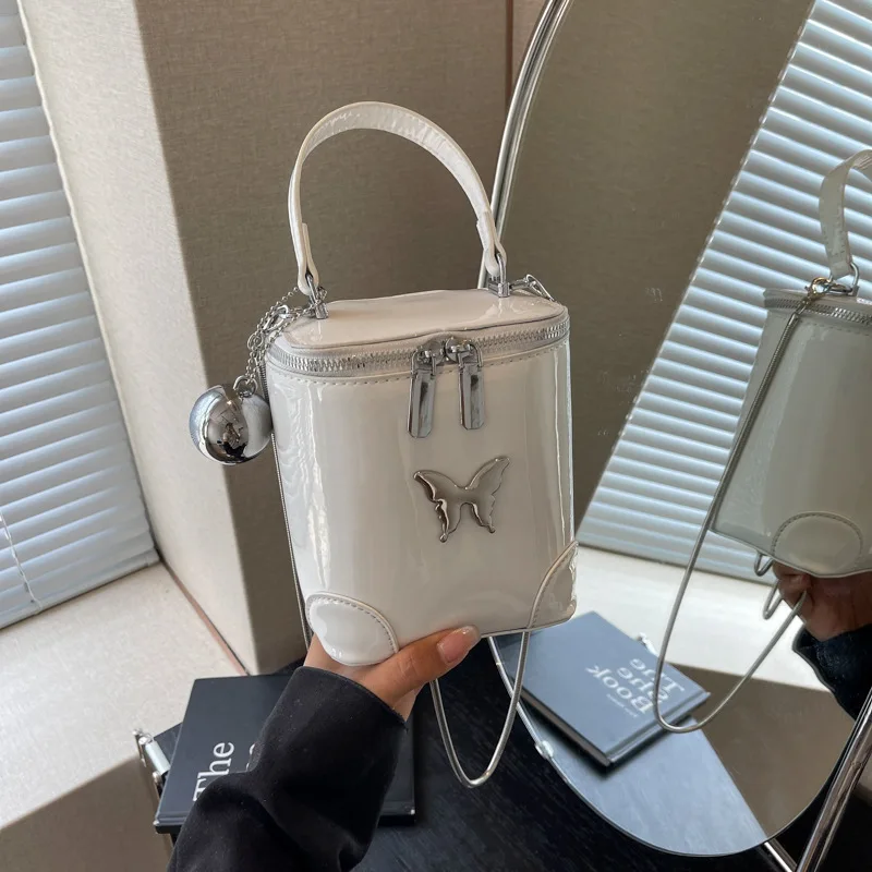 Black Patent Leather Box Bag Chic Butterfly Bucket Bag Fashion Versatile Single Shoulder Elegant Chain Handbag Lady Party Bag