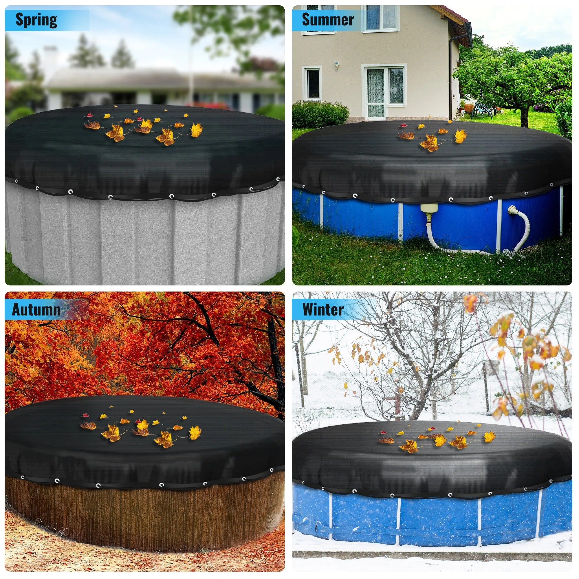 غطاء شبكي لأوراق حمام السباحة بطول 24 قدم، غطاء شبكي لحمام السباحة الشتوي، غطاء شبكي لأوراق حمام السباحة لحمامات السباحة فوق الأرض باللون الأسود #4