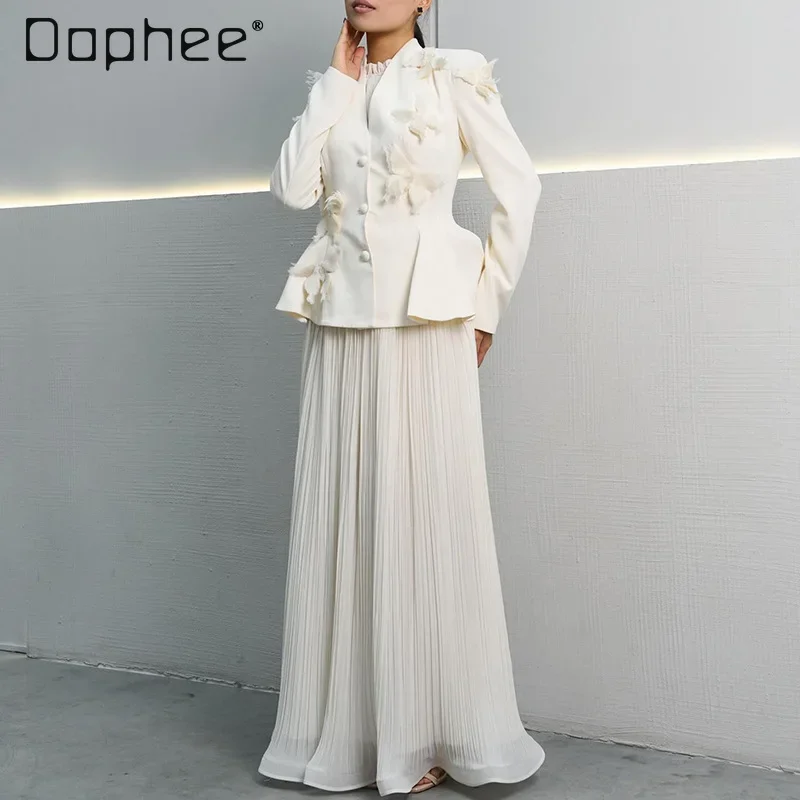 Temperament Elegant Suit 2025 Spring New Splicing Butterfly Slim Blazer Jacket High Waist Pleated Mid-length Skirt Two Piece Set